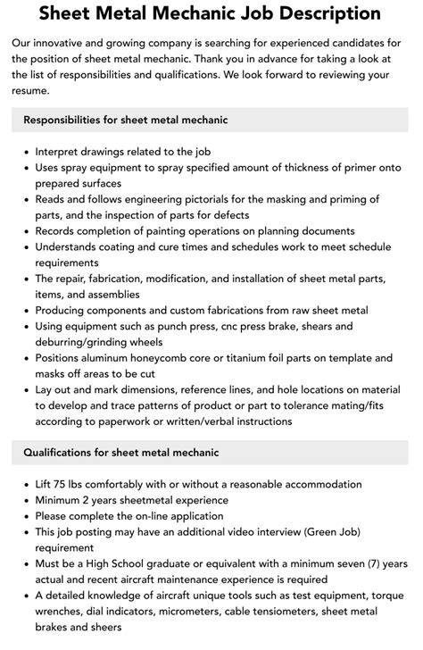 sheet metal job description for resume|hvac sheet metal job description.